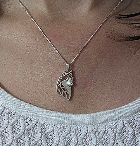 GLLFC Collar de Plata Cabeza de Husky Siberiano Collar 3D Recorte Cachorro Perro Amante Colgante Memorial Collares Colgantes para Mujeres Hombres