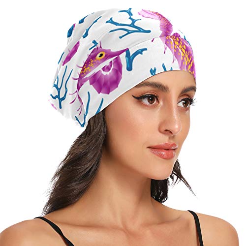 Gorra de Noche para Mujer Caballito de mar Azul y Rojo Gorro náutico de mar Dormir para Mujer Gorro de Noche para Mujer Duradero y Suave Exterior para Cabello Largo Natural Rizado Disponible día y no