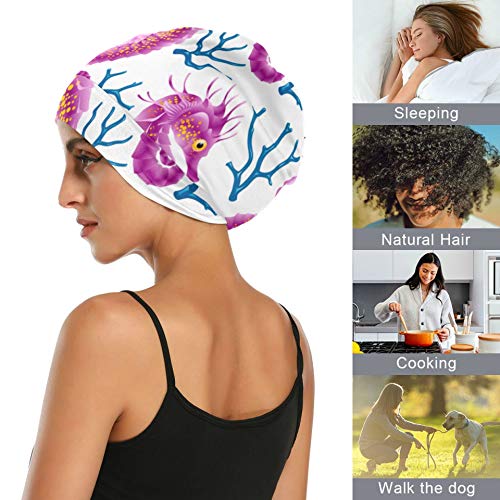 Gorra de Noche para Mujer Caballito de mar Azul y Rojo Gorro náutico de mar Dormir para Mujer Gorro de Noche para Mujer Duradero y Suave Exterior para Cabello Largo Natural Rizado Disponible día y no