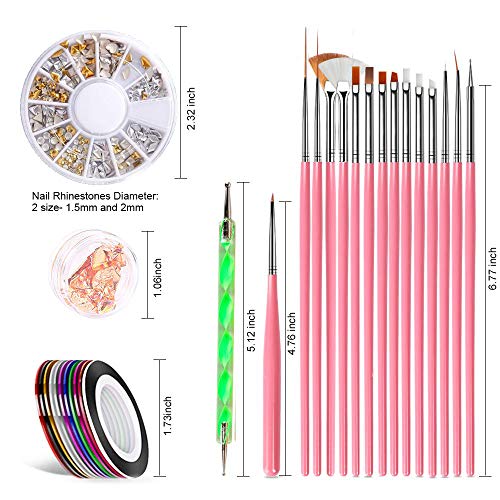 GOTONE 47 piezas Kit de Accesorios Decoración Uñas Nail Art, 15 Pinceles para Uñas, 10 Cintas Adhesivas Uñas, 5 de Lápiz de Punto, 5 Cajas diamantes de imitación, 12 Foil Paillette