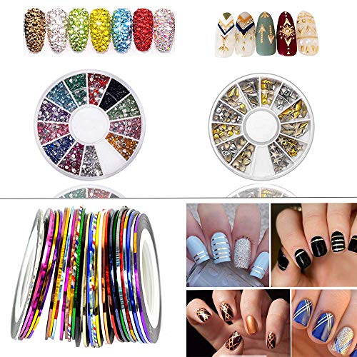 GOTONE 47 piezas Kit de Accesorios Decoración Uñas Nail Art, 15 Pinceles para Uñas, 10 Cintas Adhesivas Uñas, 5 de Lápiz de Punto, 5 Cajas diamantes de imitación, 12 Foil Paillette