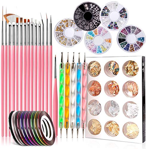 GOTONE 47 piezas Kit de Accesorios Decoración Uñas Nail Art, 15 Pinceles para Uñas, 10 Cintas Adhesivas Uñas, 5 de Lápiz de Punto, 5 Cajas diamantes de imitación, 12 Foil Paillette