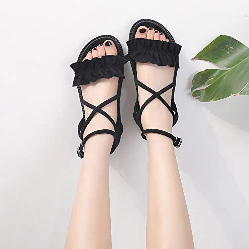 GPFSHOES Sandalias Planas De Las Mujeres Cómodo Gruesa del Mollete Inferior Verano Zapatos De Playa Femeninos Punta Abierta De La Correa Cruzada De La Cuerda,Negro,40 EU