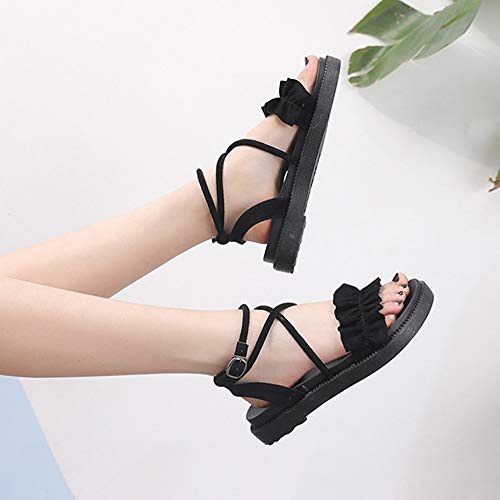 GPFSHOES Sandalias Planas De Las Mujeres Cómodo Gruesa del Mollete Inferior Verano Zapatos De Playa Femeninos Punta Abierta De La Correa Cruzada De La Cuerda,Negro,40 EU