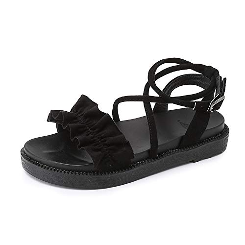 GPFSHOES Sandalias Planas De Las Mujeres Cómodo Gruesa del Mollete Inferior Verano Zapatos De Playa Femeninos Punta Abierta De La Correa Cruzada De La Cuerda,Negro,40 EU