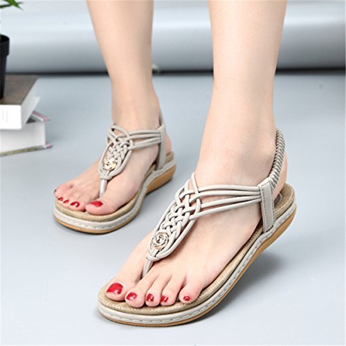 gracosy Sandalias Planas Verano Mujer Estilo Bohemia Zapatos de Dedo Sandalias Talla Grande Cinta Elástica Casuales de Playa Chanclas Romanas de Mujer 2019 Azul Negro Púrpura Rhinestone de Moda