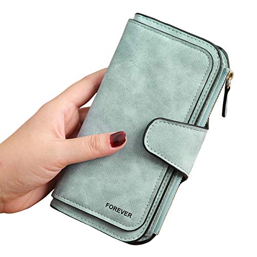 Gran Capacidad Cartera de Cuero de Mujer, Bloqueo RFID Monedero de Piel para Señora, Larga Billetera de Mujer con Bolsillo de Cremallera y Correas de Muñeca (Verde)