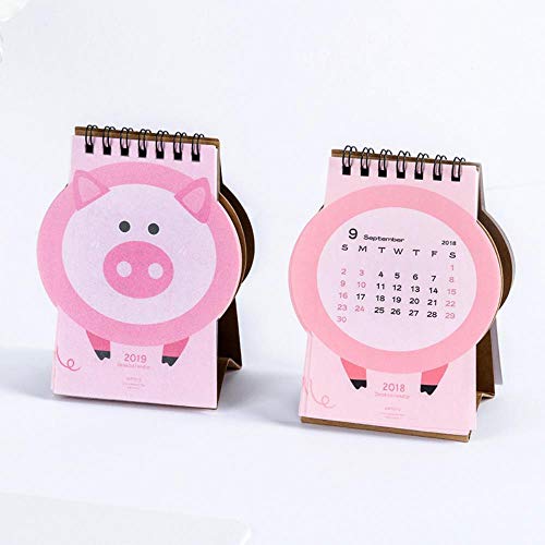 Grea 2019 Cute Cartoon Pink Piggy Desk Calendar DIY Mini calendarios de Mesa Programador de horario Diario, A