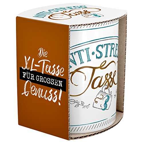 GRUSS & CO Die Geschenkewelt 45398 XL Spruch Anti-Stress - Taza de porcelana (60 cl, 9,5 cm, en caja de regalo), multicolor