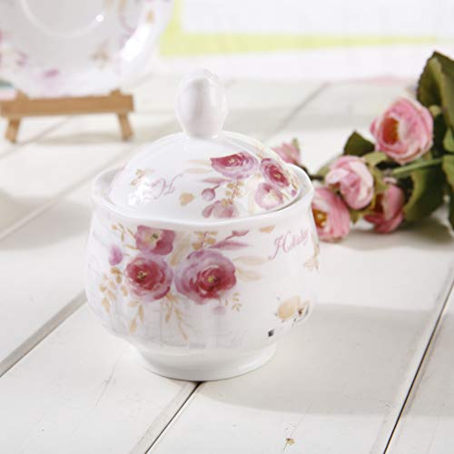 GuangYang Juego de Té de Café Porcelana Inglesa - 15 Piezas Conjunto de Mesa de Patrón Rosa Juego de 6 Tazas y Tazas de Café Tetera para Té de La Tarde