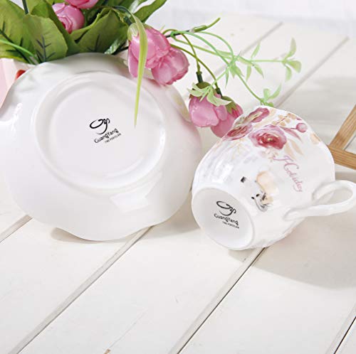 GuangYang Juego de Té de Café Porcelana Inglesa - 15 Piezas Conjunto de Mesa de Patrón Rosa Juego de 6 Tazas y Tazas de Café Tetera para Té de La Tarde