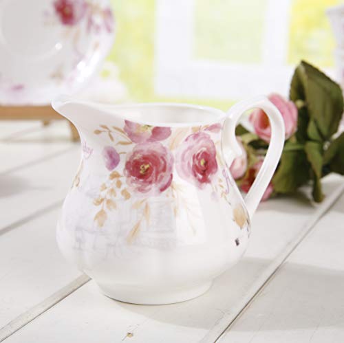 GuangYang Juego de Té de Café Porcelana Inglesa - 15 Piezas Conjunto de Mesa de Patrón Rosa Juego de 6 Tazas y Tazas de Café Tetera para Té de La Tarde