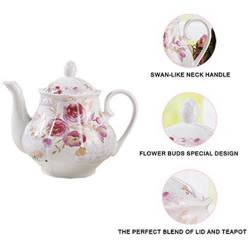 GuangYang Juego de Té de Café Porcelana Inglesa - 15 Piezas Conjunto de Mesa de Patrón Rosa Juego de 6 Tazas y Tazas de Café Tetera para Té de La Tarde