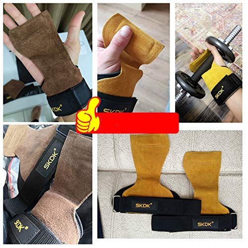 Guantes de Piel de Vaca Antideslizante Levantamiento de Pesas Peso Muerto Ejercicio Guantes de protección de la Palma - Amarillo y Banda de Sudor X Tamaño Libre