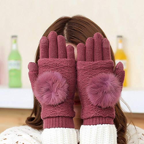 Guantes Gloves Regalo 2In1 Multiway Mujeres Chica Invierno Cálido Espesar Guantes Sin Dedos De Punto Mitones Pantalla Táctil Cinco Dedos Bola De Piel Preciosa, Rojo Oscuro