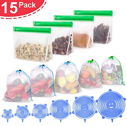 GuDoQi 5 Piezas Bolsas Reutilizables De Malla, 4 Piezas Bolsa de Comida de Almacenamiento para Congelación, 6 Piezas Tapas Elásticas de Silicona Usar para Preservación de Alimentos, Fácil de Lavar
