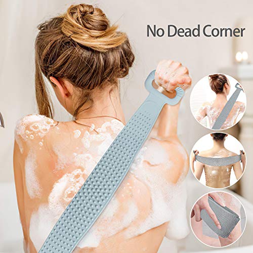GUORUI Silicona Cuerpo Cepillo,Cepillo Espalda Ducha, Cepillo de Baño, Toalla de Baño Depurador Trasero Exfoliante de Doble Cara para la Ducha, Para Hombre y Mujer，Con 1 gancho adhesivo，76cm (Gris)