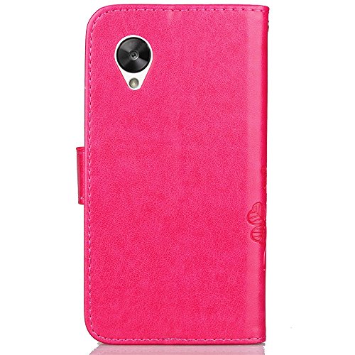 Guran® Funda de Cuero PU para LG Nexus 5 Smartphone Función de Soporte con Ranura para Tarjetas Flip Case Trébol de la Suerte en Relieve Patrón Cover - Rosa roja