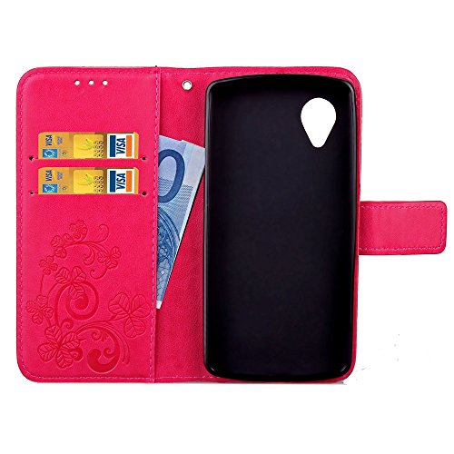 Guran® Funda de Cuero PU para LG Nexus 5 Smartphone Función de Soporte con Ranura para Tarjetas Flip Case Trébol de la Suerte en Relieve Patrón Cover - Rosa roja