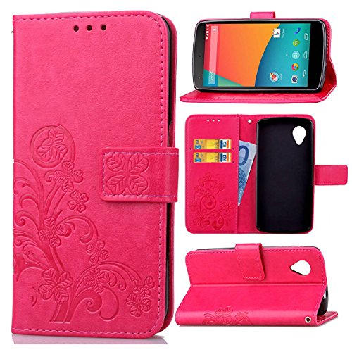 Guran® Funda de Cuero PU para LG Nexus 5 Smartphone Función de Soporte con Ranura para Tarjetas Flip Case Trébol de la Suerte en Relieve Patrón Cover - Rosa roja