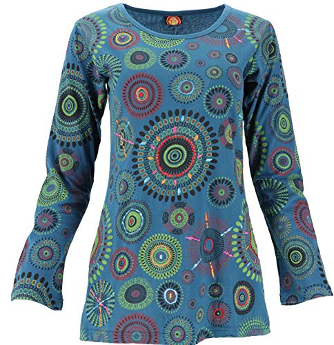 Guru-Shop - Camiseta de manga larga bordada estilo hippie Chic, de mandala para mujer, algodón, suéteres, manga larga y sudaderas alternativas petróleo Small/Medium