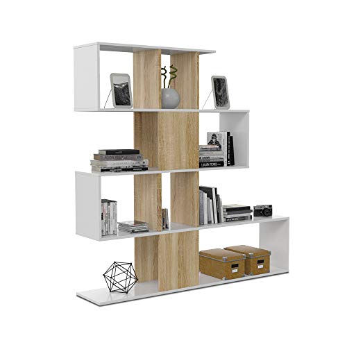 Habitdesign 1F2251A - Estantería librería Zig Zag, estantería Comedor, Salon o despacho, Modelo Zig Zag, Medidas: 145 x 145 x 29 cm de Fondo (Blanco Artik y Roble Canadian)