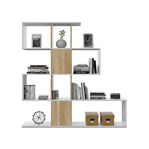 Habitdesign 1F2251A - Estantería librería Zig Zag, estantería Comedor, Salon o despacho, Modelo Zig Zag, Medidas: 145 x 145 x 29 cm de Fondo (Blanco Artik y Roble Canadian)