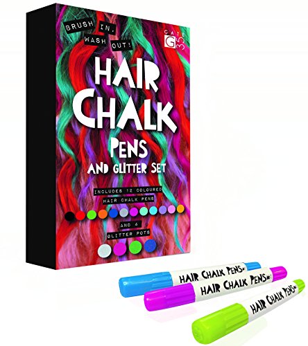 Hair Chalk Pens and Glitter - 12 Chalks and 4 Glitters - Deluxe Set of Colour Crayons - Girls Birthday Rainbow Gift Present