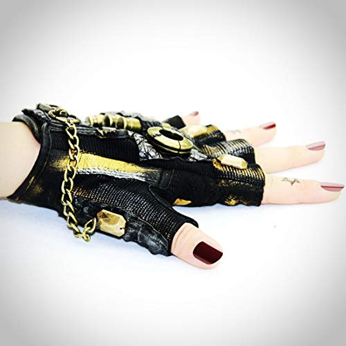 HALLOWEEN Estilo metálico Guantes de medio dedo de cuero hechos a mano góticos Accesorios de remache de engranaje Punk Rock Mujeres Hombres Vintage Halloween Steampunk Accesorios de cosplay Vestido fe