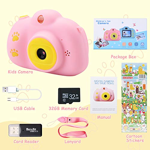 Hangrui Cámara para Niños, HD Doble Objetivo Juego Video Cámara de Fotos Digital con Tarjeta de Memoria de 32GB, Pantalla de Protección Ocular IPS de 2,4 Pulgadas, a Prueba de Golpes (Rosado)