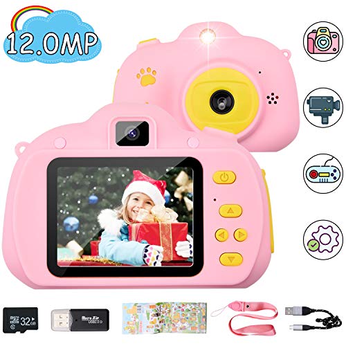 Hangrui Cámara para Niños, HD Doble Objetivo Juego Video Cámara de Fotos Digital con Tarjeta de Memoria de 32GB, Pantalla de Protección Ocular IPS de 2,4 Pulgadas, a Prueba de Golpes (Rosado)