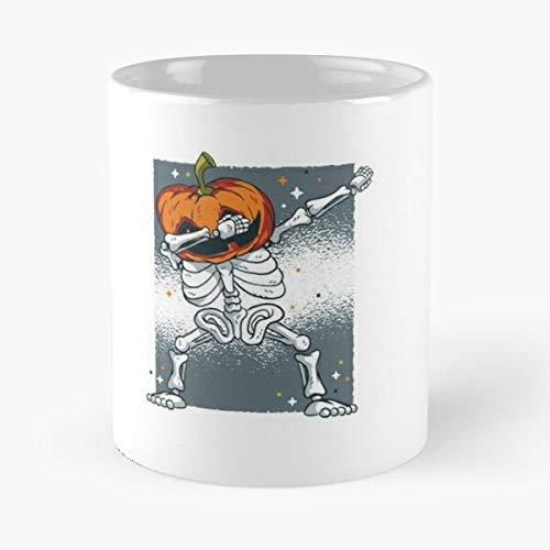 Happy Funny Cute Skeleton Orange Silhouette Pumpkin Dab Dance Halloween October Holiday Classic Mug - Novelty Ceramic Cups 11oz, Unique Birthday And Gifts For Mom Mother Father-teiltspe