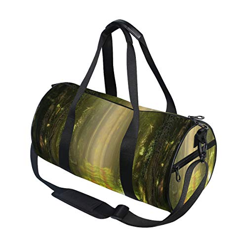 HARXISE Fantasy Forest Green Tress Pradera Luz del sol Hojas rojas caídas en la avenida Naturaleza Scenic，Bolsa de equipaje de viaje Deporte Lienzo ligero Equipaje de fitness Desmontable