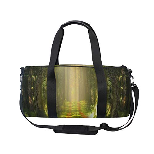 HARXISE Fantasy Forest Green Tress Pradera Luz del sol Hojas rojas caídas en la avenida Naturaleza Scenic，Bolsa de equipaje de viaje Deporte Lienzo ligero Equipaje de fitness Desmontable