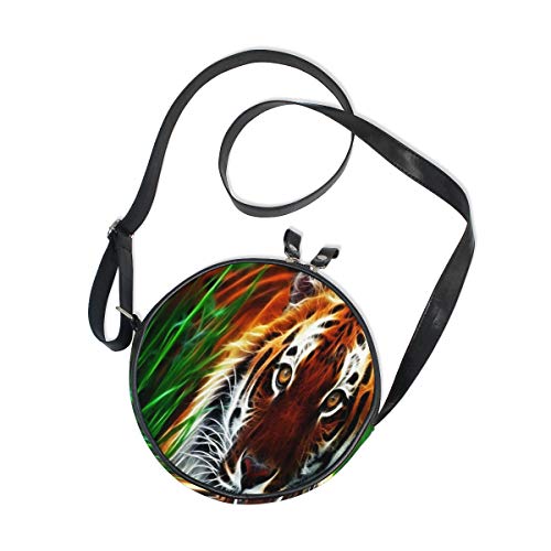 HATESAH Tigre Fractal Cara Ojos Patrón Rayas Hierba Arte，Bolso Redondo, Bandolera, Mujer, Lona, Bolso de Mensajero Casual