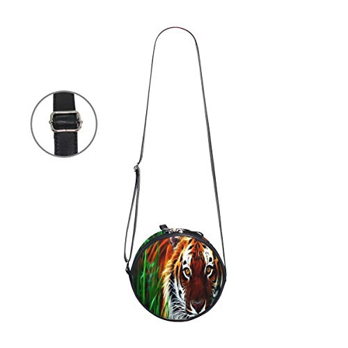 HATESAH Tigre Fractal Cara Ojos Patrón Rayas Hierba Arte，Bolso Redondo, Bandolera, Mujer, Lona, Bolso de Mensajero Casual
