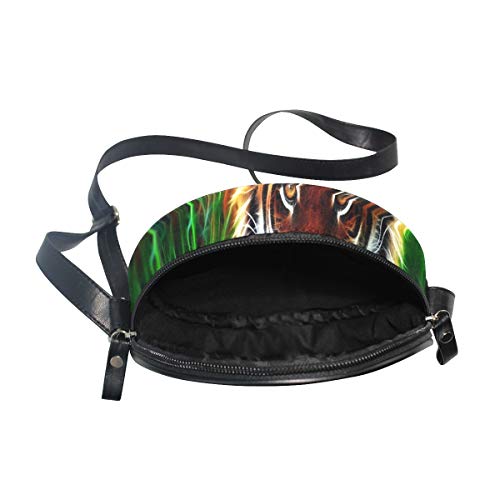 HATESAH Tigre Fractal Cara Ojos Patrón Rayas Hierba Arte，Bolso Redondo, Bandolera, Mujer, Lona, Bolso de Mensajero Casual