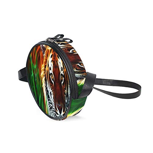 HATESAH Tigre Fractal Cara Ojos Patrón Rayas Hierba Arte，Bolso Redondo, Bandolera, Mujer, Lona, Bolso de Mensajero Casual