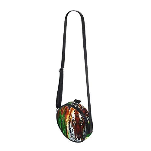 HATESAH Tigre Fractal Cara Ojos Patrón Rayas Hierba Arte，Bolso Redondo, Bandolera, Mujer, Lona, Bolso de Mensajero Casual