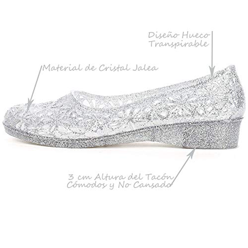 HATTIE Cristal Sandalias de Jalea para Mujer, Hueca y Transpirable Zapatos de Gelatin de Verano, Blanda Tacón Bajo Casual Sandalias para Playa y Ballet [Plata, 38EU]