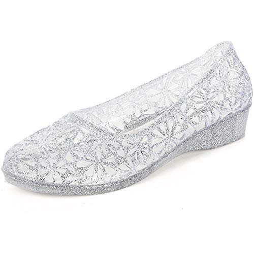 HATTIE Cristal Sandalias de Jalea para Mujer, Hueca y Transpirable Zapatos de Gelatin de Verano, Blanda Tacón Bajo Casual Sandalias para Playa y Ballet [Plata, 38EU]