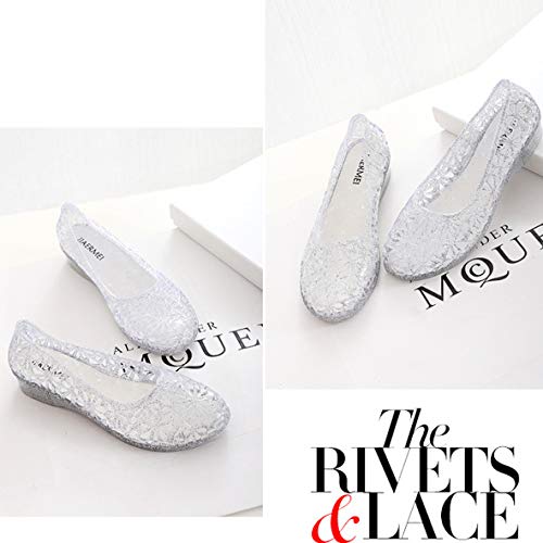 HATTIE Cristal Sandalias de Jalea para Mujer, Hueca y Transpirable Zapatos de Gelatin de Verano, Blanda Tacón Bajo Casual Sandalias para Playa y Ballet [Plata, 38EU]