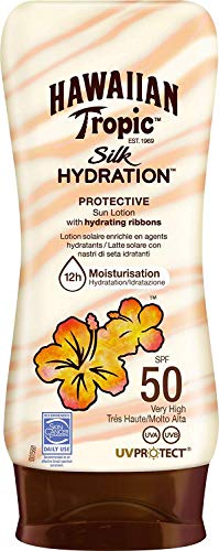 Hawaiian Tropic Silk Hydration Protective SPF 50 - Loción Solar Protectora con Cintas de Seda Hidratantes y Resistente al Agua, Crema Solar Tropical, Pack 3 unidades x 180 ml