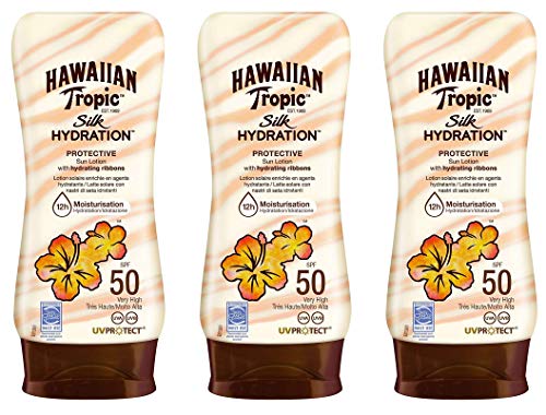 Hawaiian Tropic Silk Hydration Protective SPF 50 - Loción Solar Protectora con Cintas de Seda Hidratantes y Resistente al Agua, Crema Solar Tropical, Pack 3 unidades x 180 ml