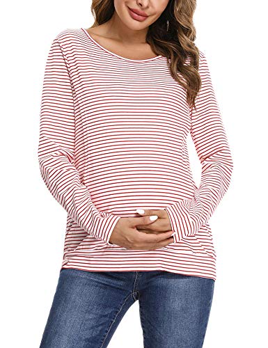 Hawiton Camisetas Lactancia de Manga Larga Invierno Camiseta de Algodon Lactancia Premamá Camisa de Maternidad para Mujer Ropa de Enfermería Rayas Cuello Redondo
