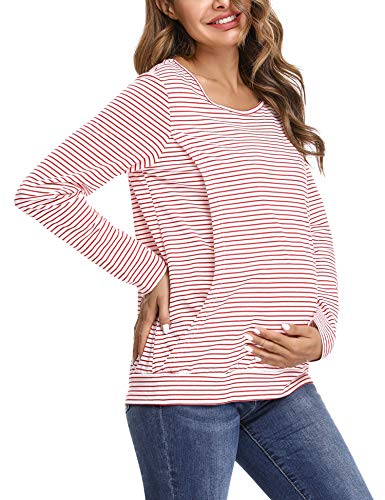 Hawiton Camisetas Lactancia de Manga Larga Invierno Camiseta de Algodon Lactancia Premamá Camisa de Maternidad para Mujer Ropa de Enfermería Rayas Cuello Redondo