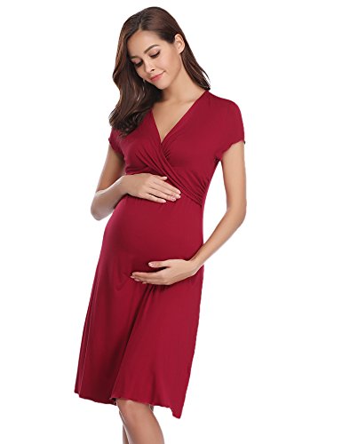 Hawiton Camisón Lactancia Pijama Embarazada Algodón Ropa para Dormir Premamá Manga Corta Hospital Verano (Medium, Vino Rojo)
