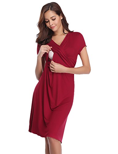 Hawiton Camisón Lactancia Pijama Embarazada Algodón Ropa para Dormir Premamá Manga Corta Hospital Verano (Medium, Vino Rojo)