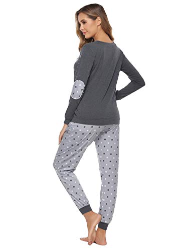 Hawiton Pijamas Mujer de algodón, Mangas Larga Camiseta y Pantalones de Lunares ondulados Conjunto de Ropa de Dormir 2 Piezas,Pijamas otoño Invierno Tallas Grandes，Azul Profundo，XXL