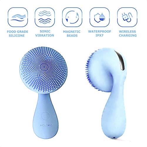 HELIOZ Ultrasónico【Nuevo】Limpiador Facial Eléctrico de Silicona Orgánica, Filamentos Extra Suaves, Recargable Magnético e Impermeable, Masajeador Antiedad (Azul)